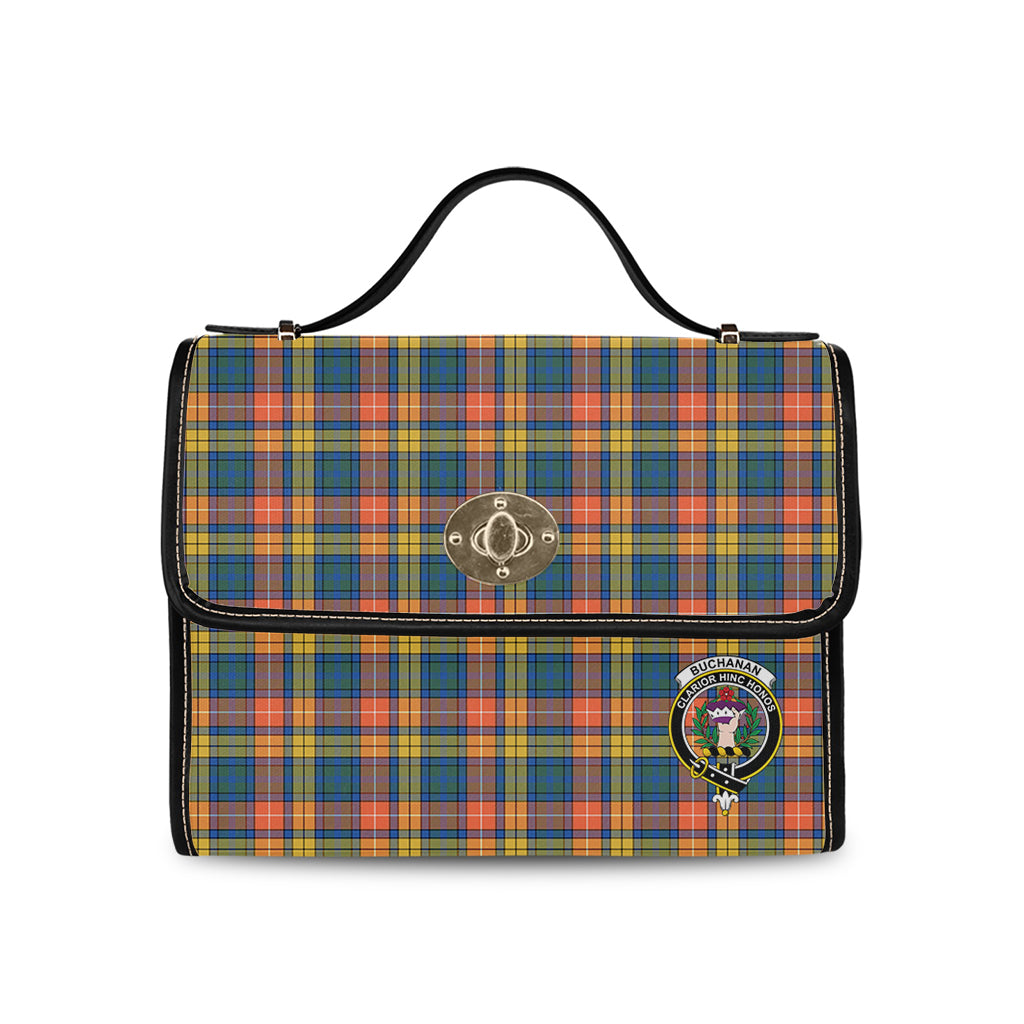 Buchanan Ancient Tartan Leather Strap Waterproof Canvas Bag with Family Crest - Tartanvibesclothing