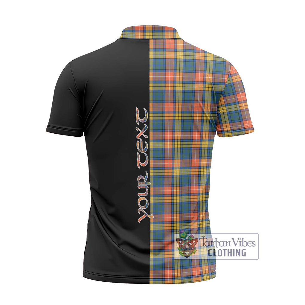 Buchanan Ancient Tartan Zipper Polo Shirt with Family Crest and Half Of Me Style - Tartanvibesclothing Shop