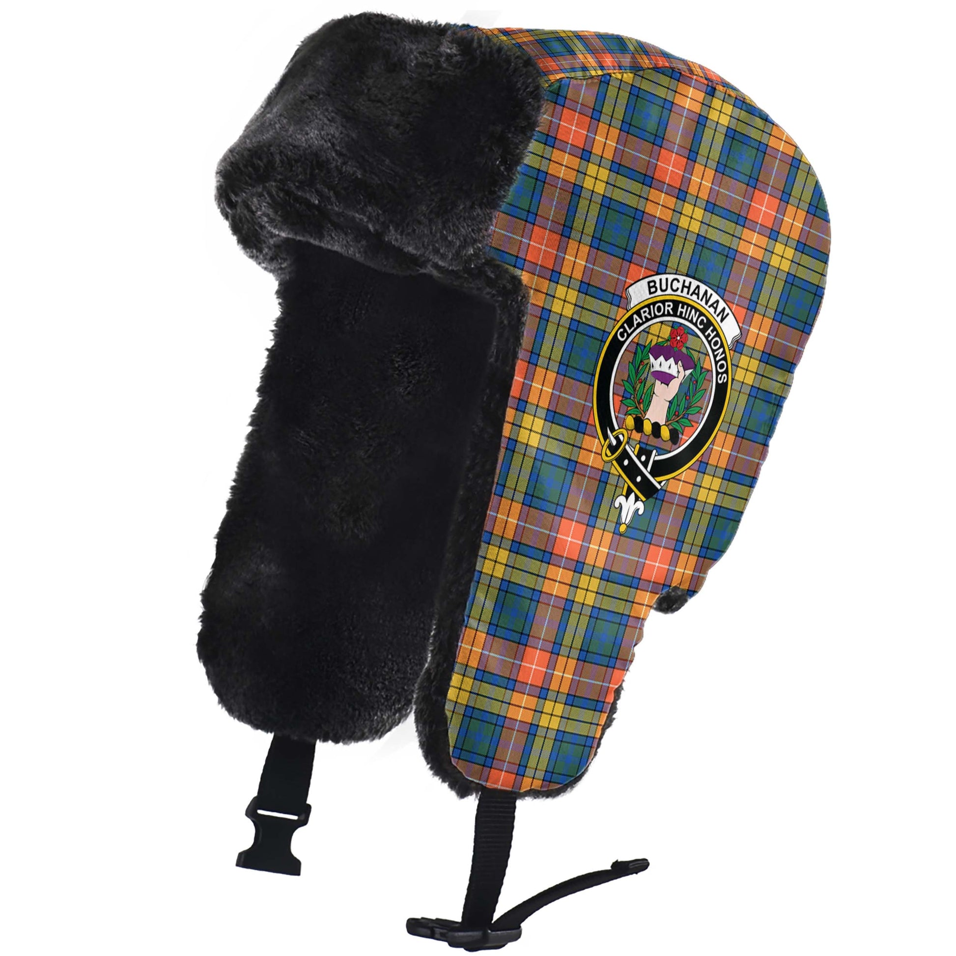 Buchanan Ancient Tartan Winter Trapper Hat with Family Crest - Tartanvibesclothing