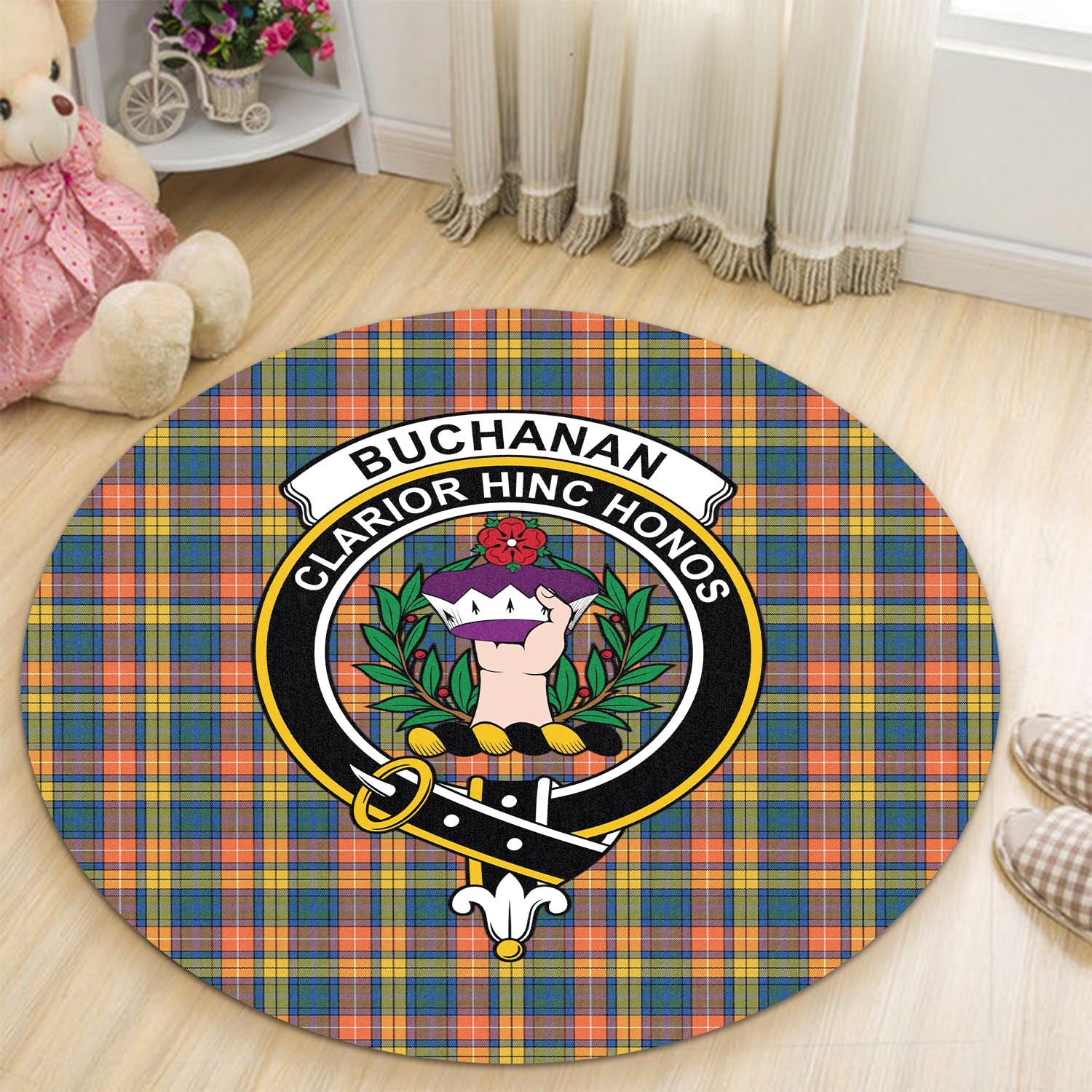 Buchanan Ancient Tartan Round Rug with Family Crest - Tartanvibesclothing