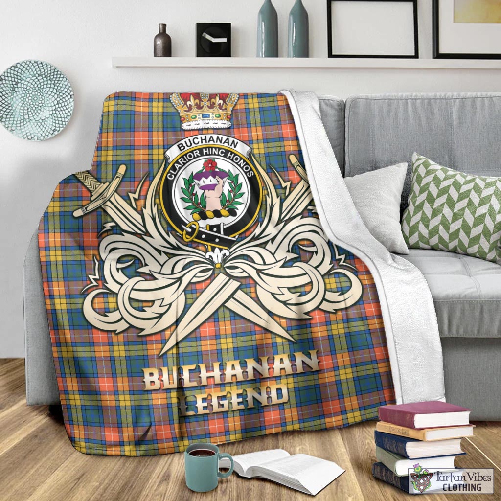 Tartan Vibes Clothing Buchanan Ancient Tartan Blanket with Clan Crest and the Golden Sword of Courageous Legacy