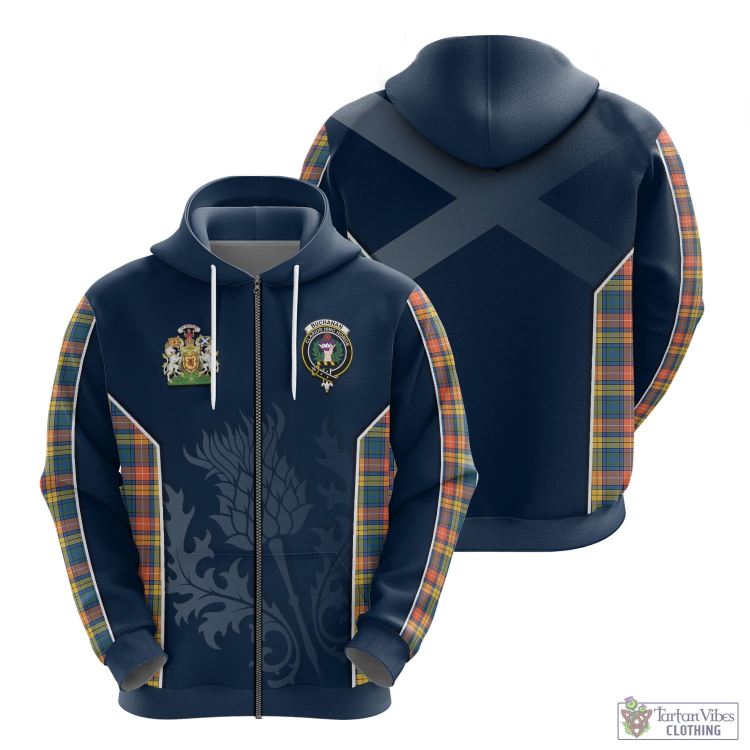 Tartan Vibes Clothing Buchanan Ancient Tartan Hoodie with Family Crest and Scottish Thistle Vibes Sport Style