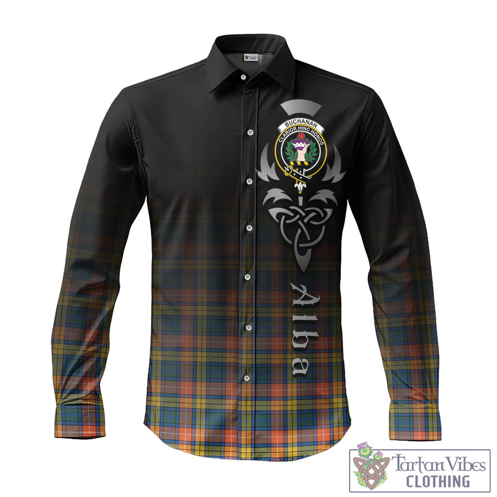 Tartan Vibes Clothing Buchanan Ancient Tartan Long Sleeve Button Up Featuring Alba Gu Brath Family Crest Celtic Inspired