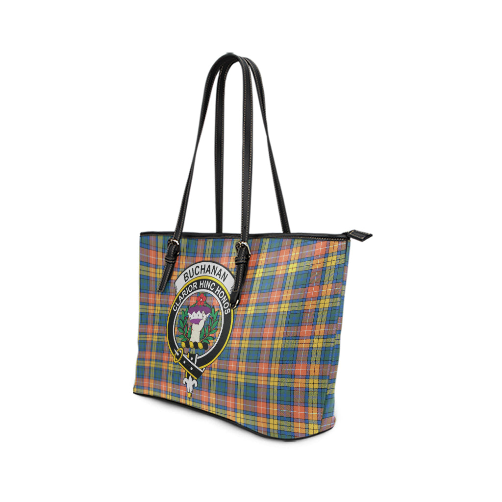 Buchanan Ancient Tartan Leather Tote Bag with Family Crest - Tartanvibesclothing