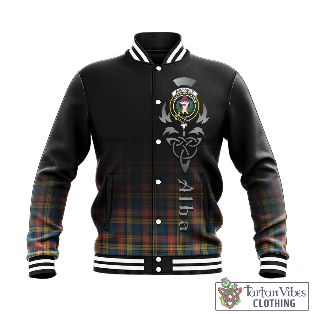 Tartan Vibes Clothing Buchanan Ancient Tartan Baseball Jacket Featuring Alba Gu Brath Family Crest Celtic Inspired