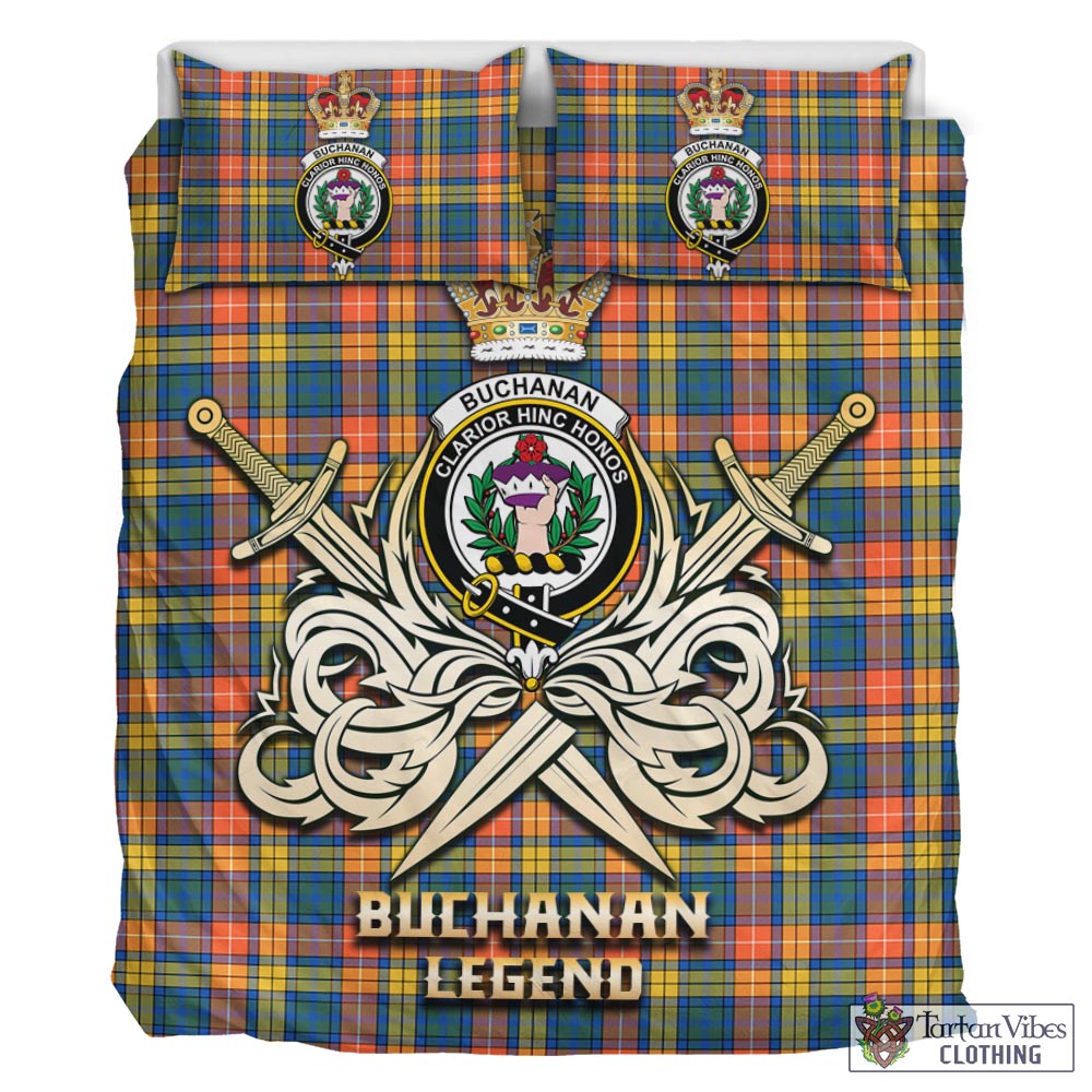 Tartan Vibes Clothing Buchanan Ancient Tartan Bedding Set with Clan Crest and the Golden Sword of Courageous Legacy