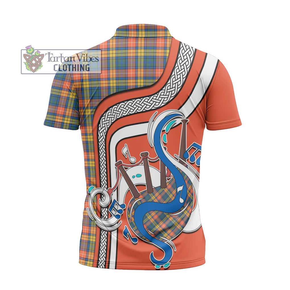 Buchanan Ancient Tartan Zipper Polo Shirt with Epic Bagpipe Style - Tartanvibesclothing Shop