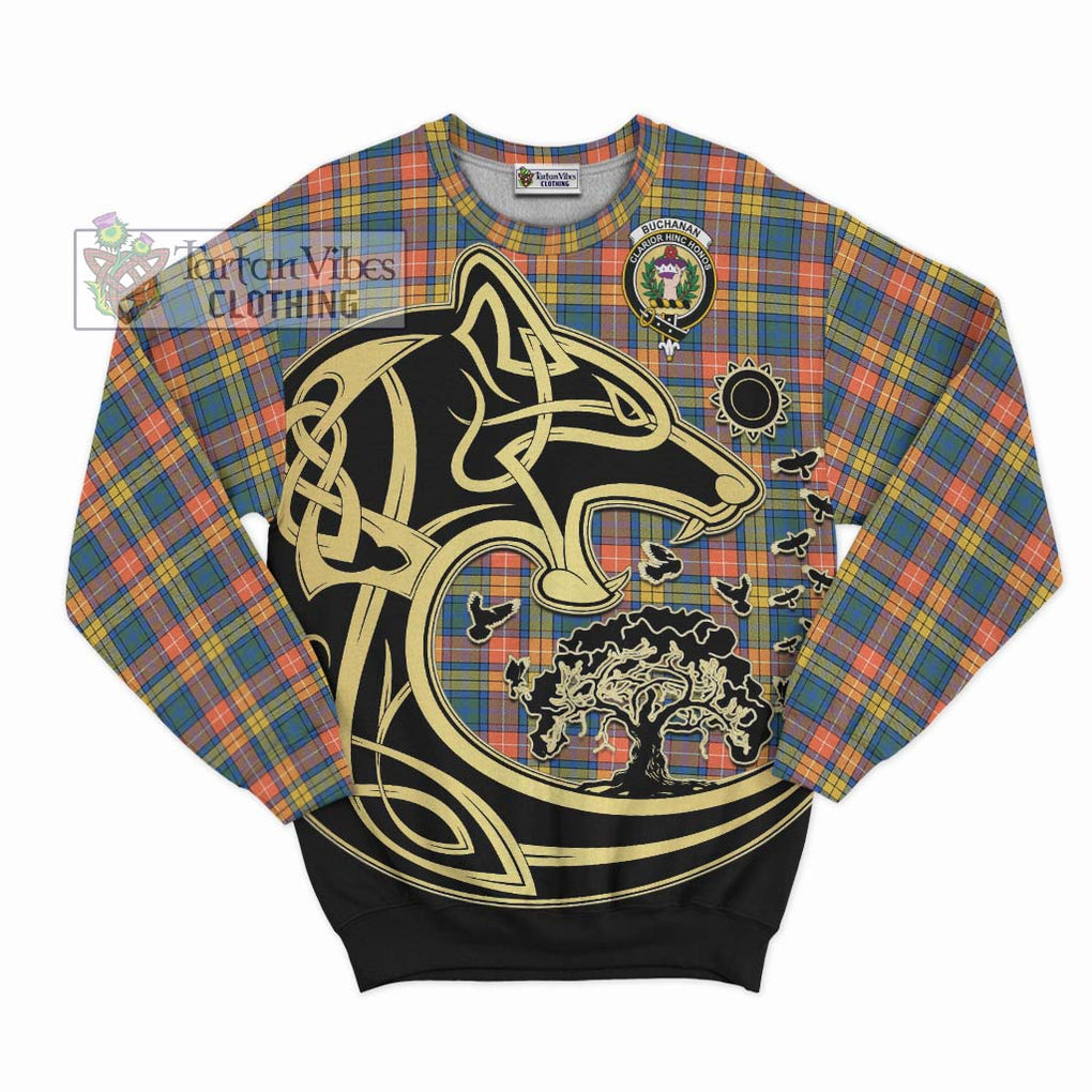 Buchanan Ancient Tartan Sweatshirt with Family Crest Celtic Wolf Style - Tartan Vibes Clothing