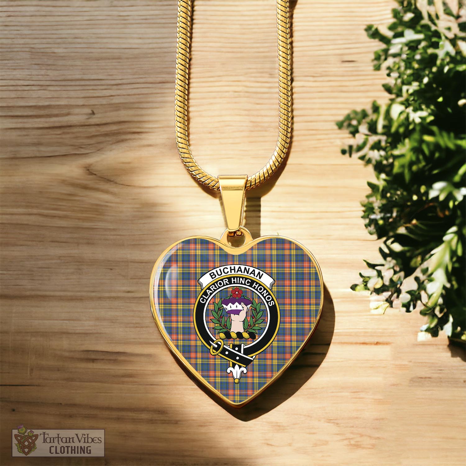 Tartan Vibes Clothing Buchanan Ancient Tartan Heart Necklace with Family Crest