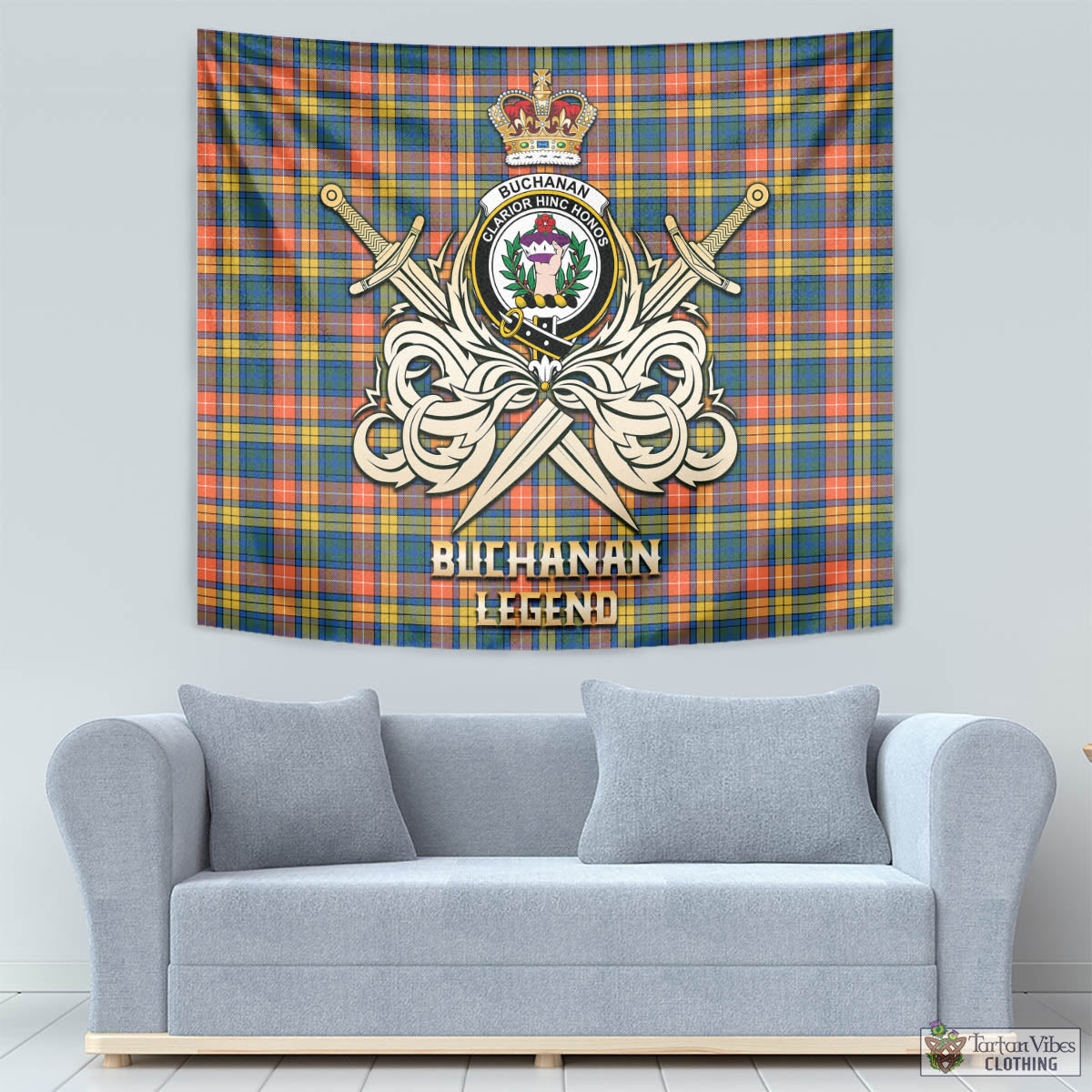 Tartan Vibes Clothing Buchanan Ancient Tartan Tapestry with Clan Crest and the Golden Sword of Courageous Legacy