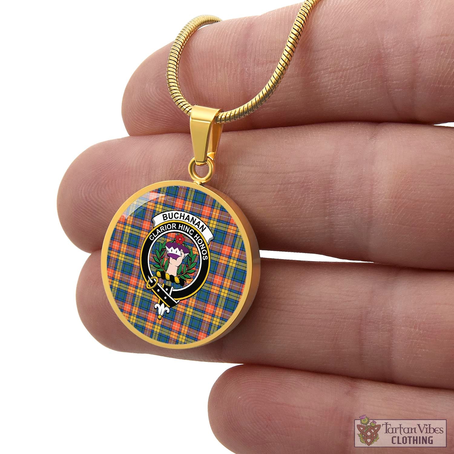 Tartan Vibes Clothing Buchanan Ancient Tartan Circle Necklace with Family Crest