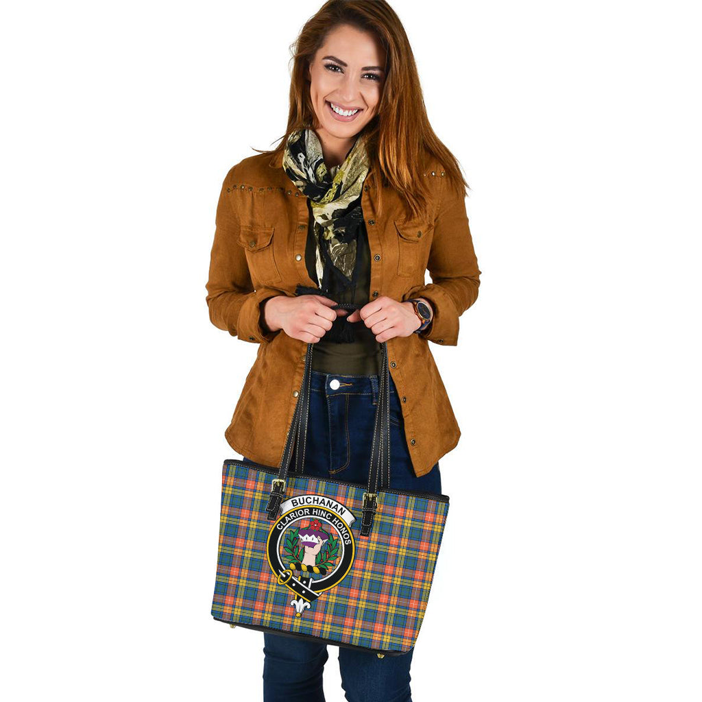 Buchanan Ancient Tartan Leather Tote Bag with Family Crest - Tartanvibesclothing