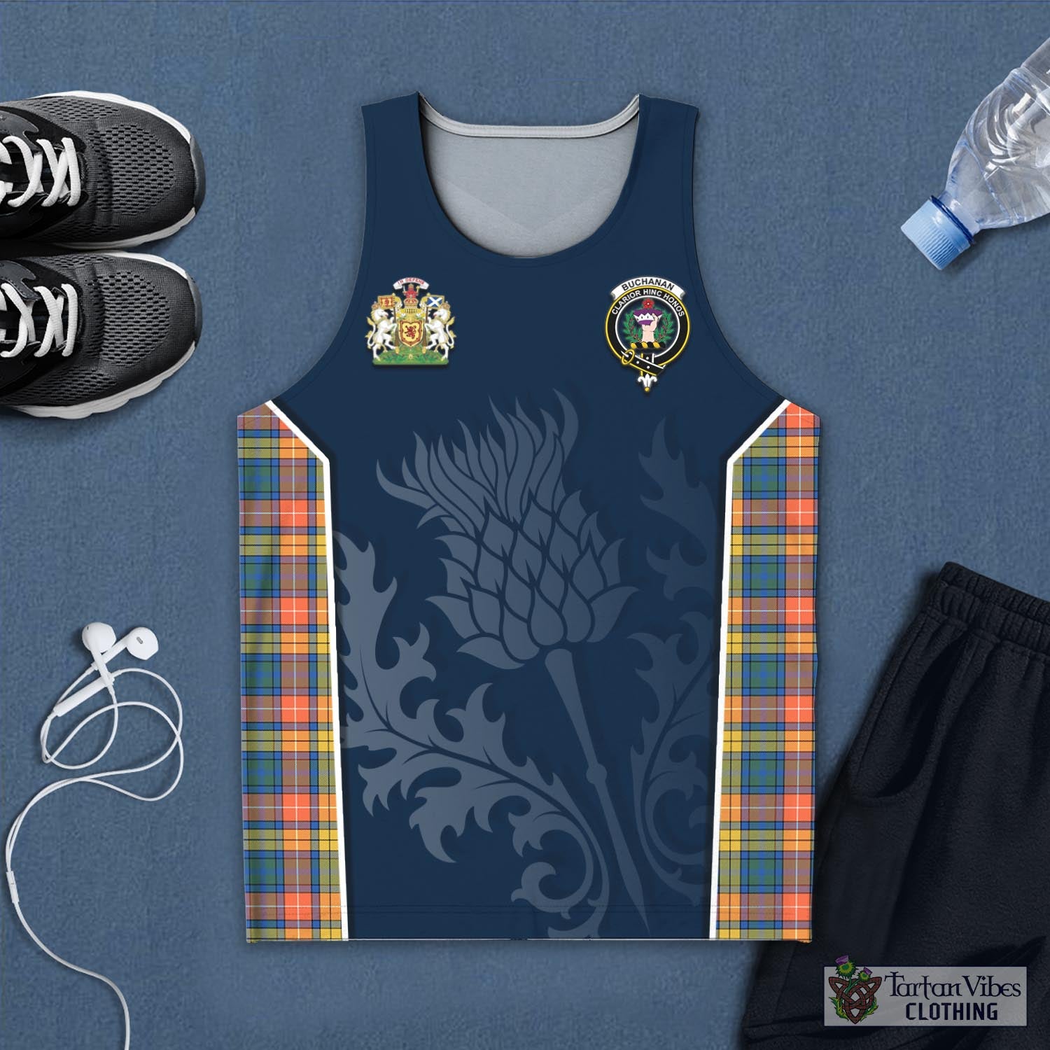 Tartan Vibes Clothing Buchanan Ancient Tartan Men's Tanks Top with Family Crest and Scottish Thistle Vibes Sport Style