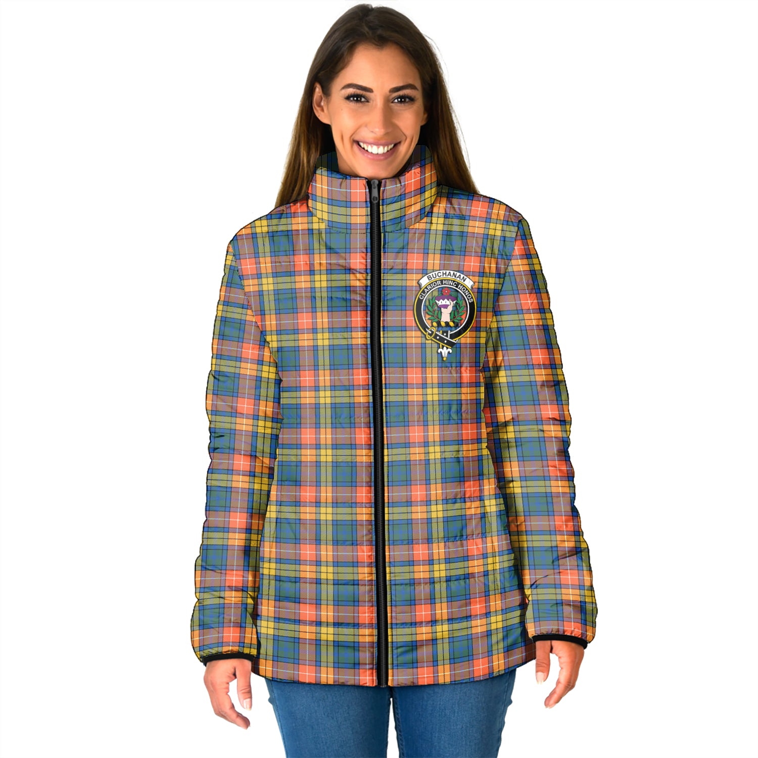 Buchanan Ancient Tartan Padded Jacket with Family Crest - Tartan Vibes Clothing