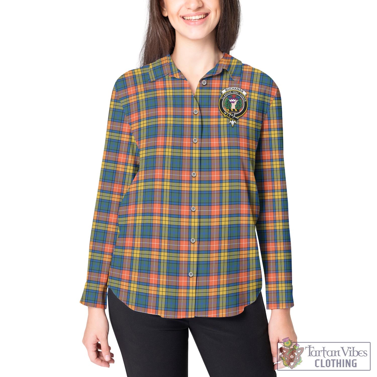 Tartan Vibes Clothing Buchanan Ancient Tartan Womens Casual Shirt with Family Crest