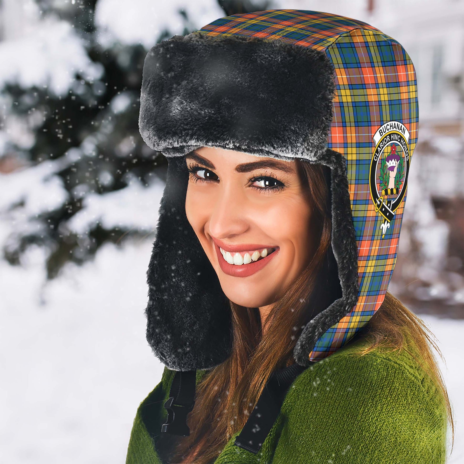 Buchanan Ancient Tartan Winter Trapper Hat with Family Crest - Tartanvibesclothing