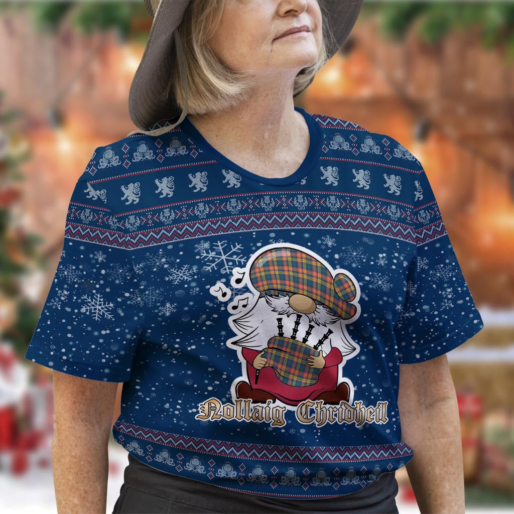 Buchanan Ancient Clan Christmas Family T-Shirt with Funny Gnome Playing Bagpipes Women's Shirt Blue - Tartanvibesclothing