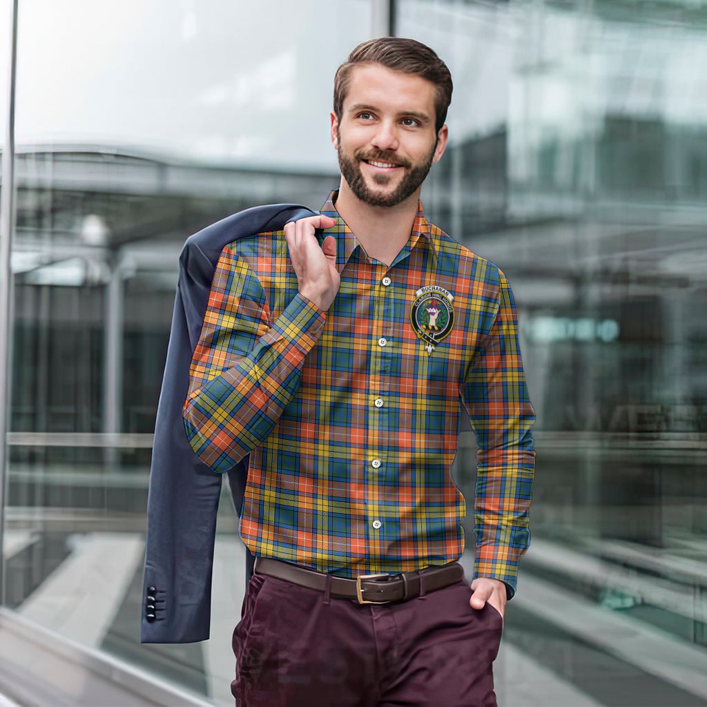 Buchanan Ancient Tartan Long Sleeve Button Up Shirt with Family Crest - Tartanvibesclothing