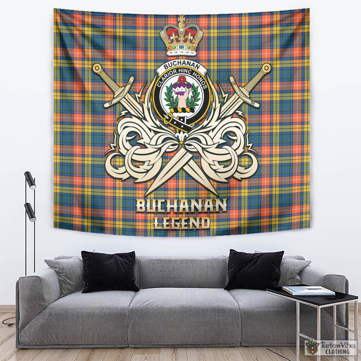 Tartan Vibes Clothing Buchanan Ancient Tartan Tapestry with Clan Crest and the Golden Sword of Courageous Legacy