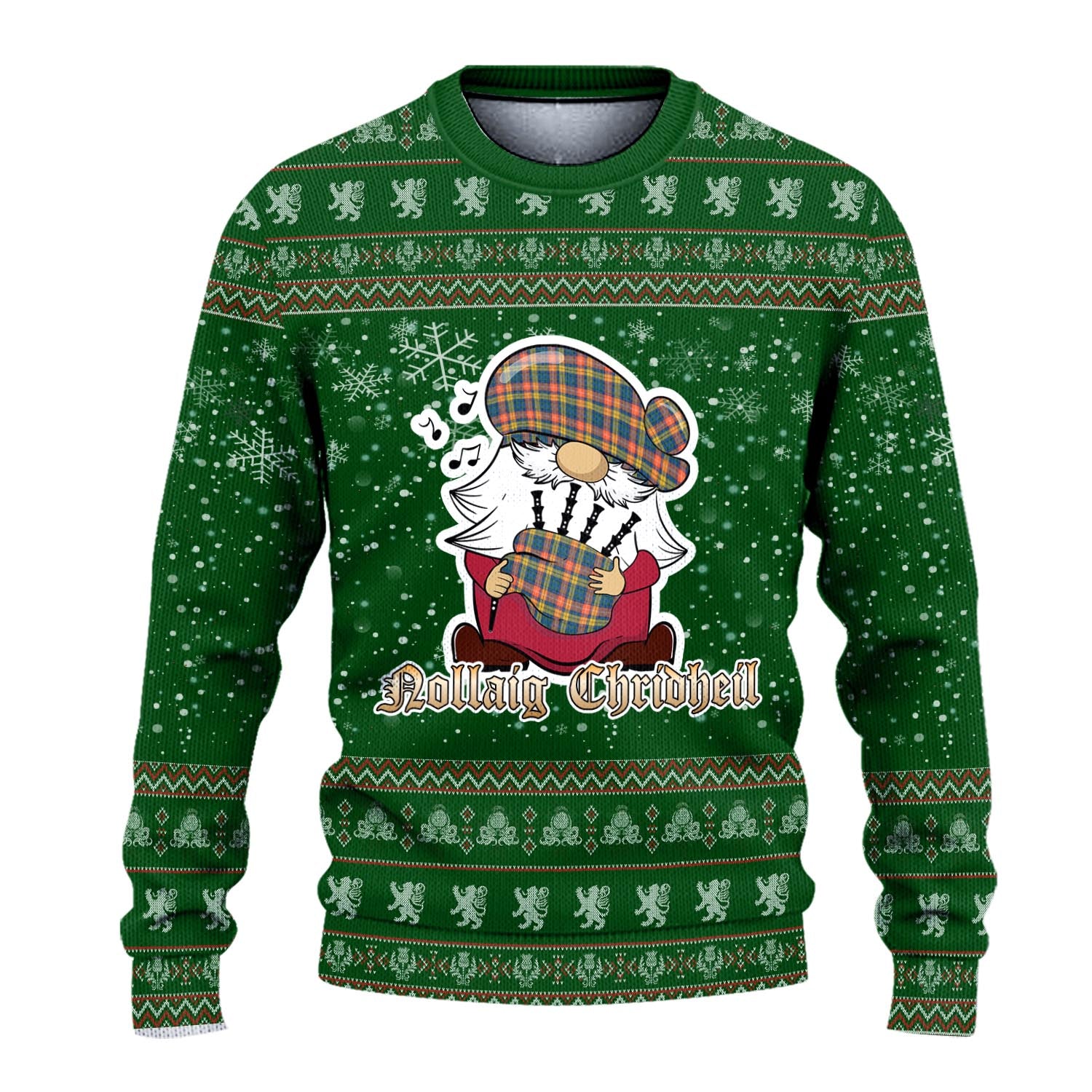 Buchanan Ancient Clan Christmas Family Knitted Sweater with Funny Gnome Playing Bagpipes - Tartanvibesclothing