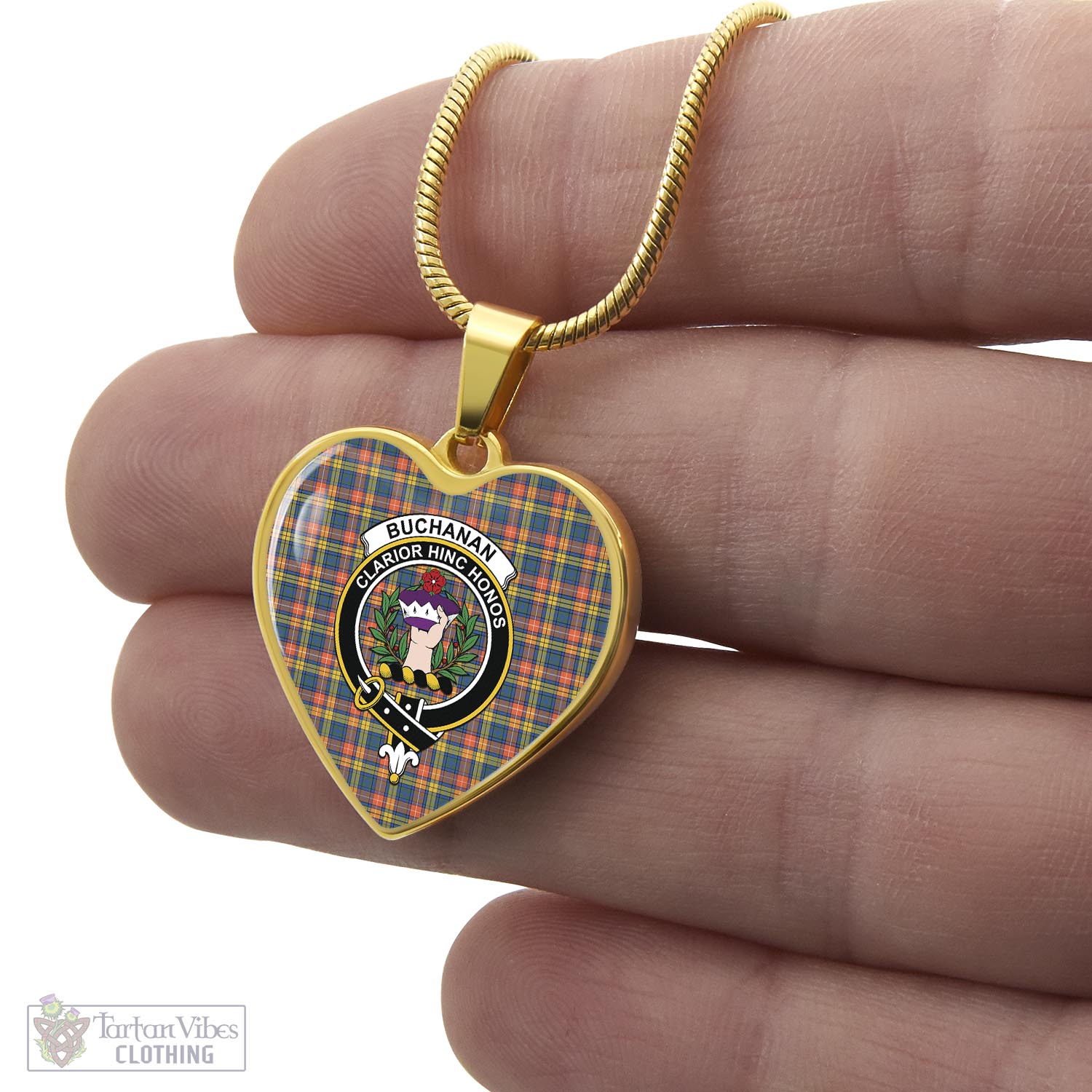 Tartan Vibes Clothing Buchanan Ancient Tartan Heart Necklace with Family Crest