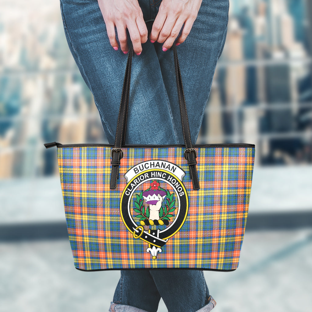 Buchanan Ancient Tartan Leather Tote Bag with Family Crest - Tartanvibesclothing