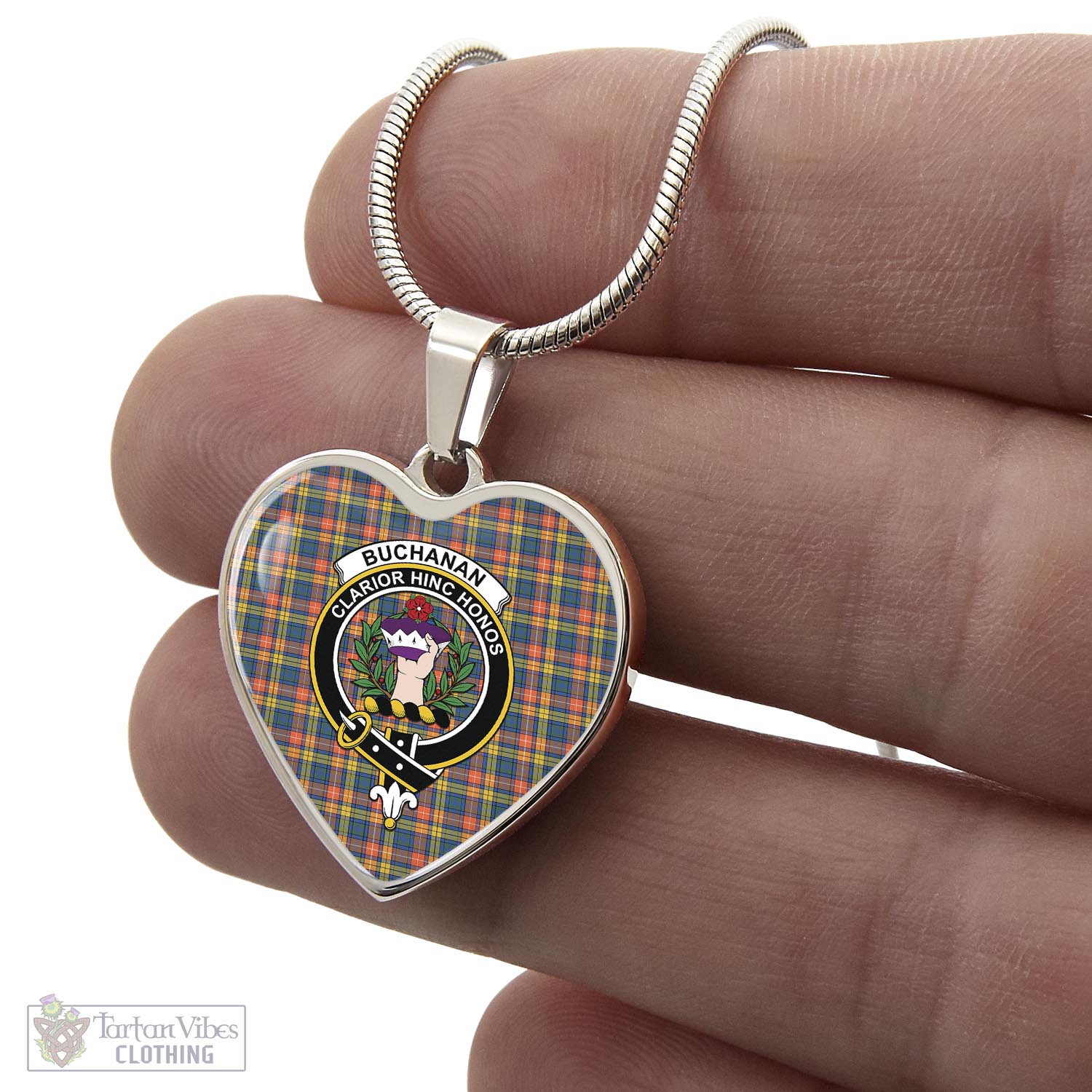 Tartan Vibes Clothing Buchanan Ancient Tartan Heart Necklace with Family Crest