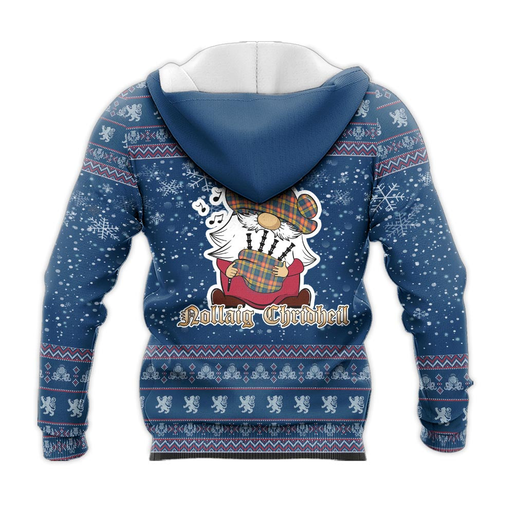 Buchanan Ancient Clan Christmas Knitted Hoodie with Funny Gnome Playing Bagpipes - Tartanvibesclothing