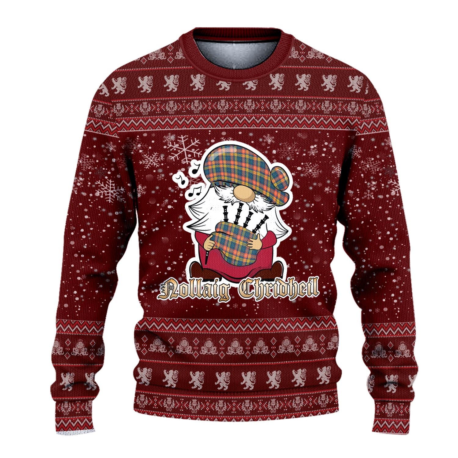 Buchanan Ancient Clan Christmas Family Knitted Sweater with Funny Gnome Playing Bagpipes - Tartanvibesclothing