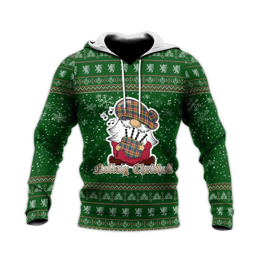 Buchanan Ancient Clan Christmas Knitted Hoodie with Funny Gnome Playing Bagpipes - Tartanvibesclothing