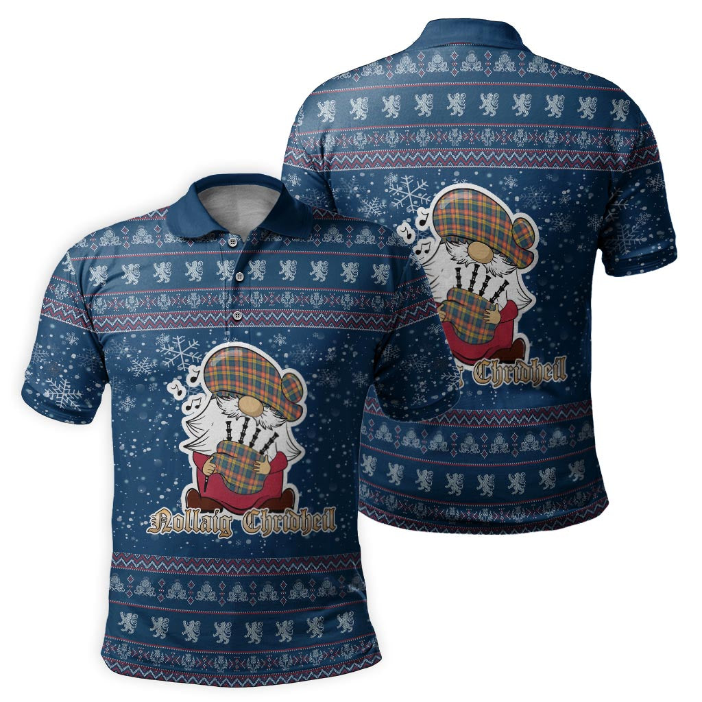 Buchanan Ancient Clan Christmas Family Polo Shirt with Funny Gnome Playing Bagpipes Men's Polo Shirt Blue - Tartanvibesclothing
