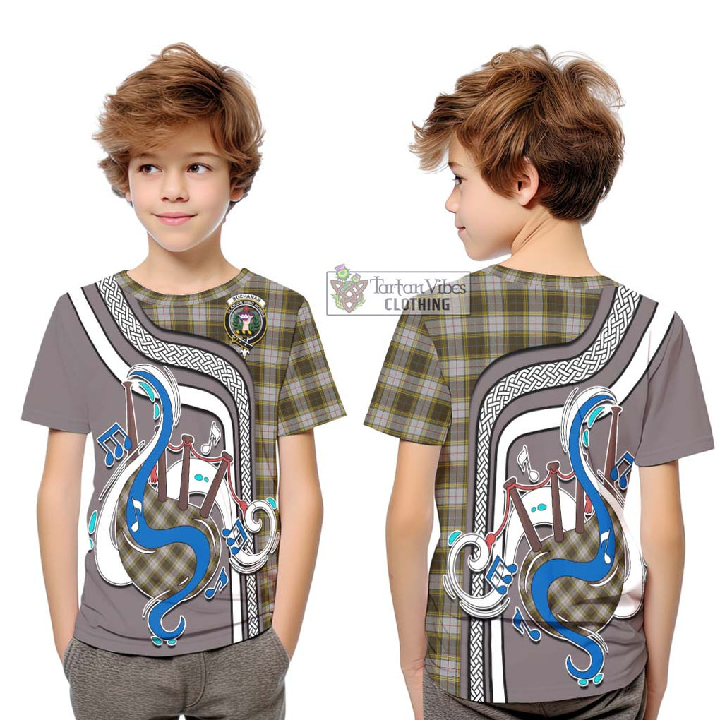 Tartan Vibes Clothing Buchanan Dress Tartan Kid T-Shirt with Epic Bagpipe Style