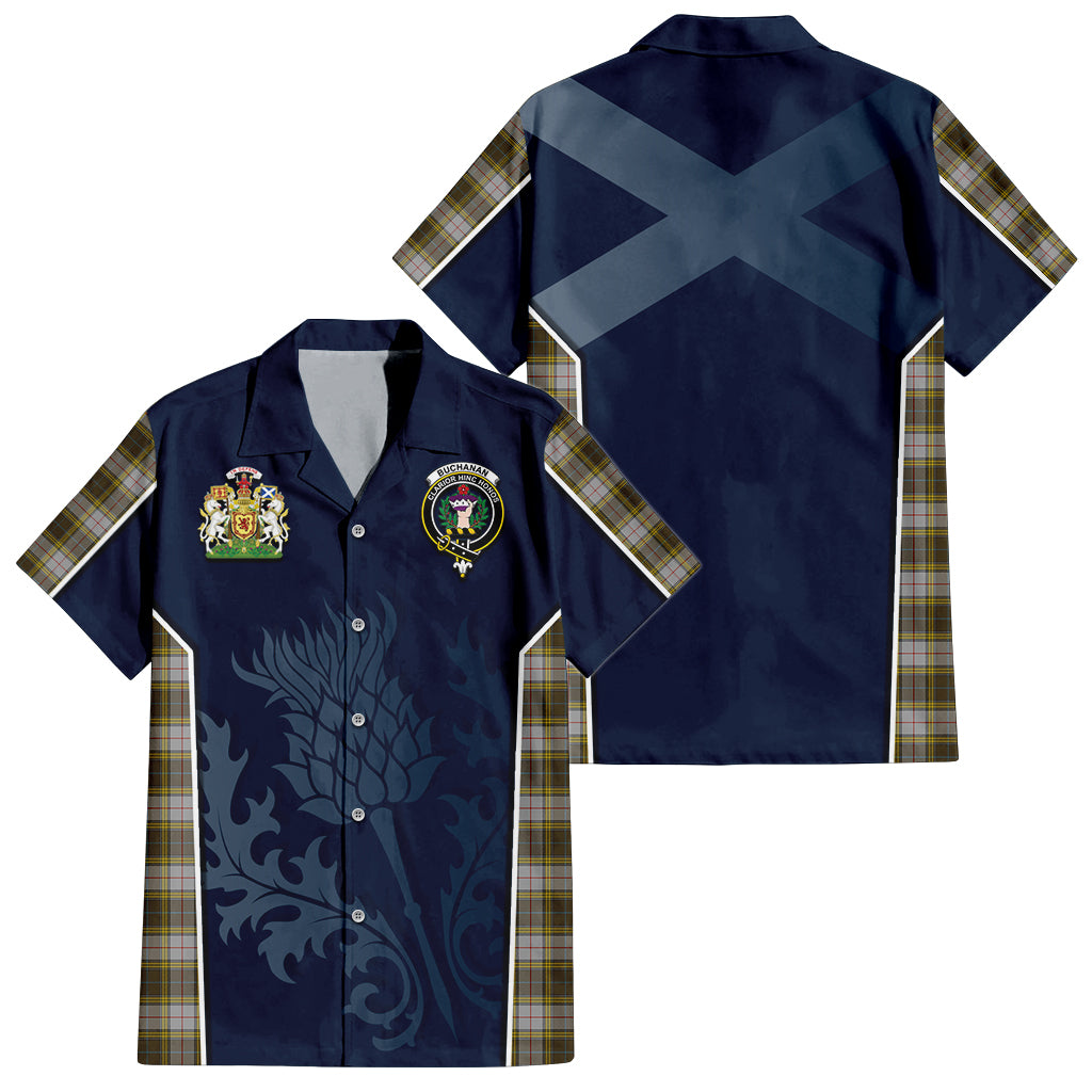 Tartan Vibes Clothing Buchanan Dress Tartan Short Sleeve Button Up Shirt with Family Crest and Scottish Thistle Vibes Sport Style