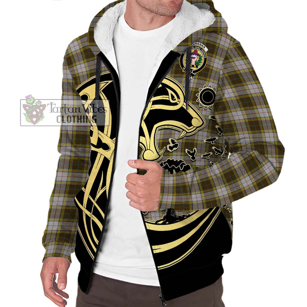 Buchanan Dress Tartan Sherpa Hoodie with Family Crest Celtic Wolf Style Unisex S - Tartan Vibes Clothing