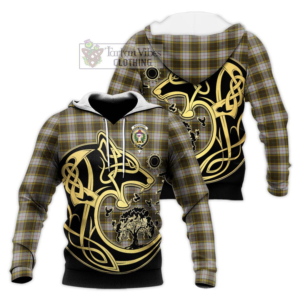 Buchanan Dress Tartan Knitted Hoodie with Family Crest Celtic Wolf Style Unisex Knitted Pullover Hoodie - Tartan Vibes Clothing