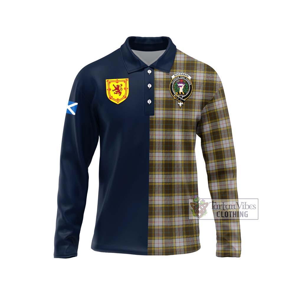 Tartan Vibes Clothing Buchanan Dress Tartan Long Sleeve Polo Shirt with Scottish Lion Royal Arm Half Style