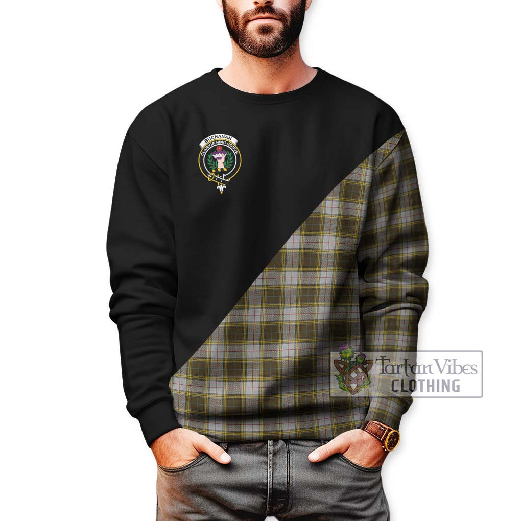 Buchanan Dress Tartan Sweatshirt with Family Crest and Military Logo Style Unisex - Tartanvibesclothing Shop