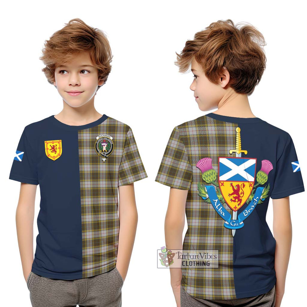 Tartan Vibes Clothing Buchanan Dress Tartan Kid T-Shirt with Scottish Lion Royal Arm Half Style