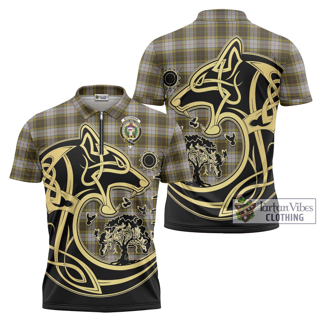 Buchanan Dress Tartan Zipper Polo Shirt with Family Crest Celtic Wolf Style Unisex - Tartanvibesclothing Shop