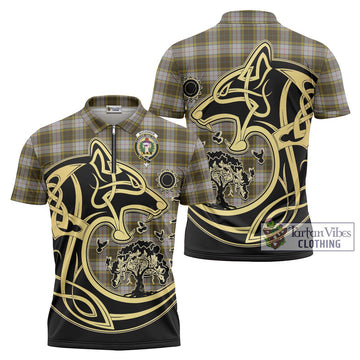 Buchanan Dress Tartan Zipper Polo Shirt with Family Crest Celtic Wolf Style