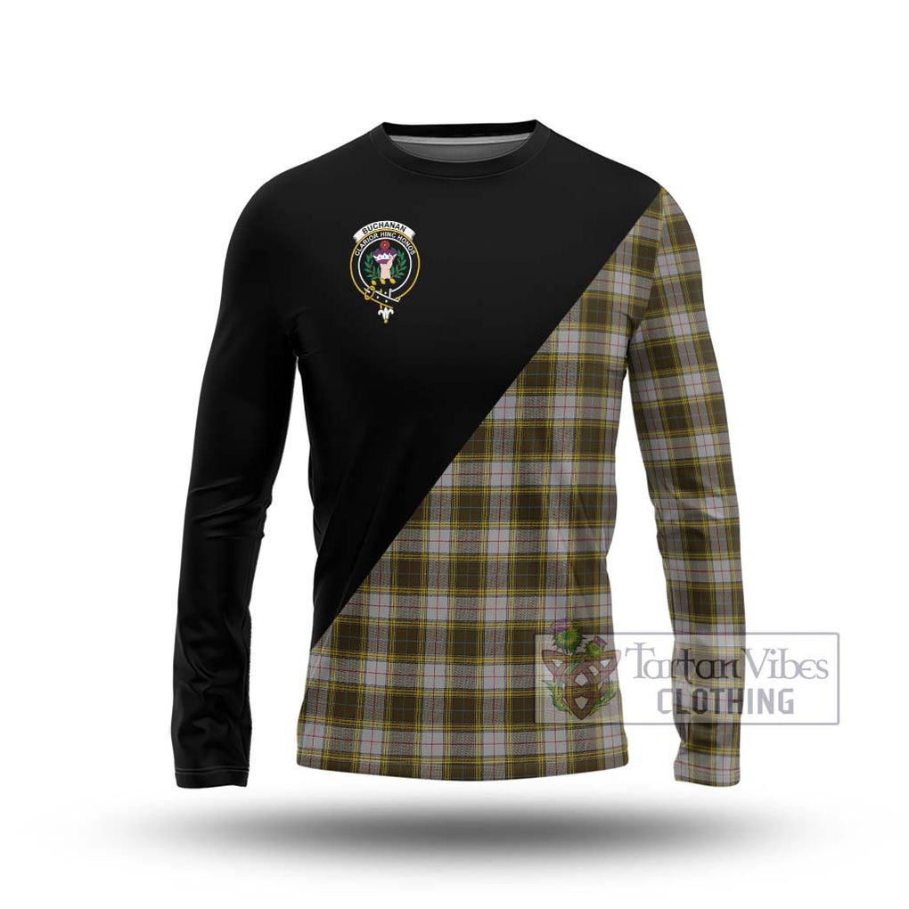 Buchanan Dress Tartan Long Sleeve T-Shirt with Family Crest and Military Logo Style Unisex - Tartanvibesclothing Shop