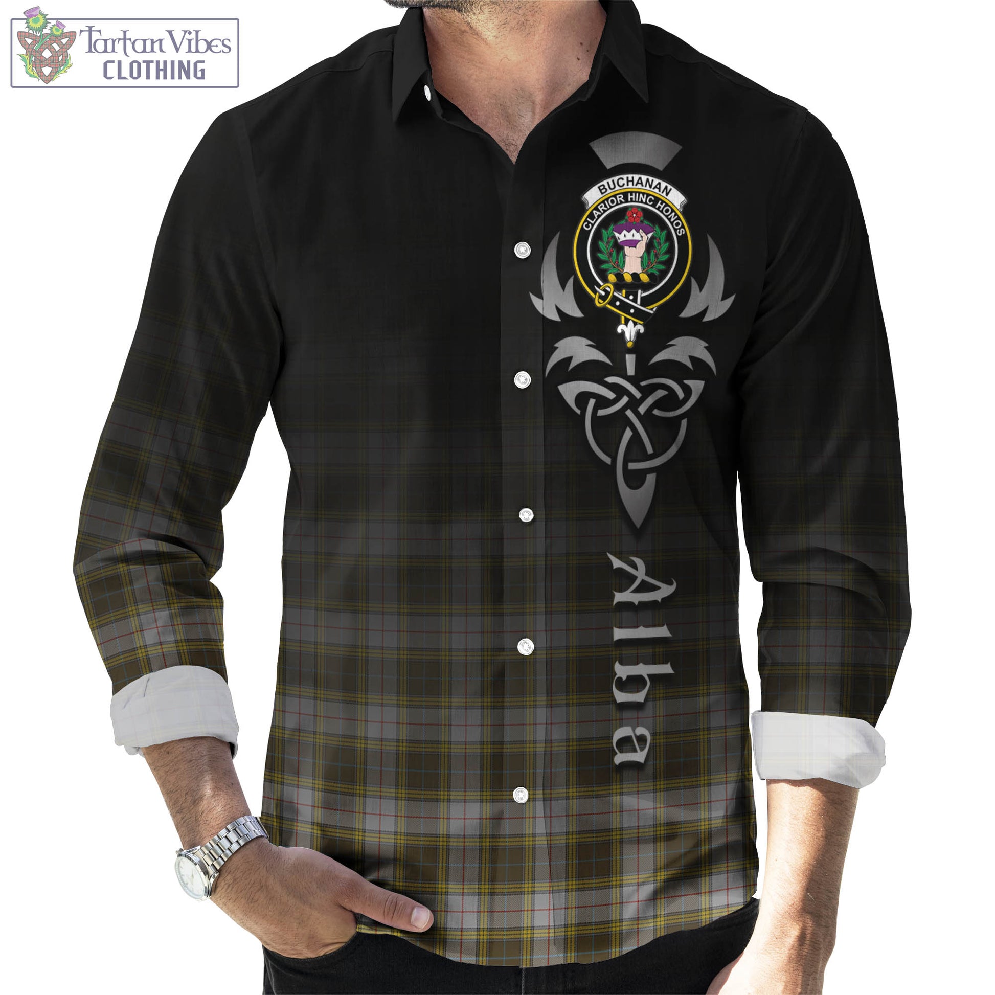 Tartan Vibes Clothing Buchanan Dress Tartan Long Sleeve Button Up Featuring Alba Gu Brath Family Crest Celtic Inspired