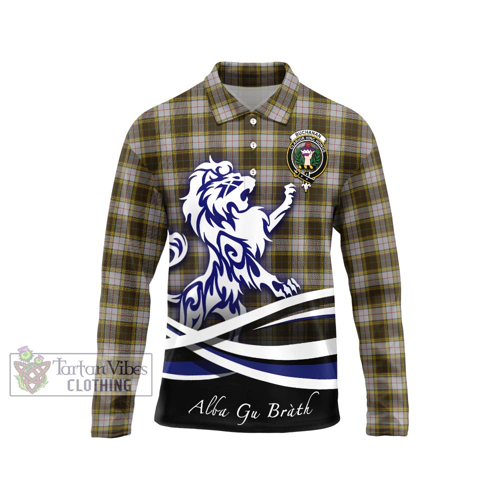 Buchanan Dress Tartan Long Sleeve Polo Shirt with Alba Gu Brath Regal Lion Emblem Unisex - Tartanvibesclothing Shop