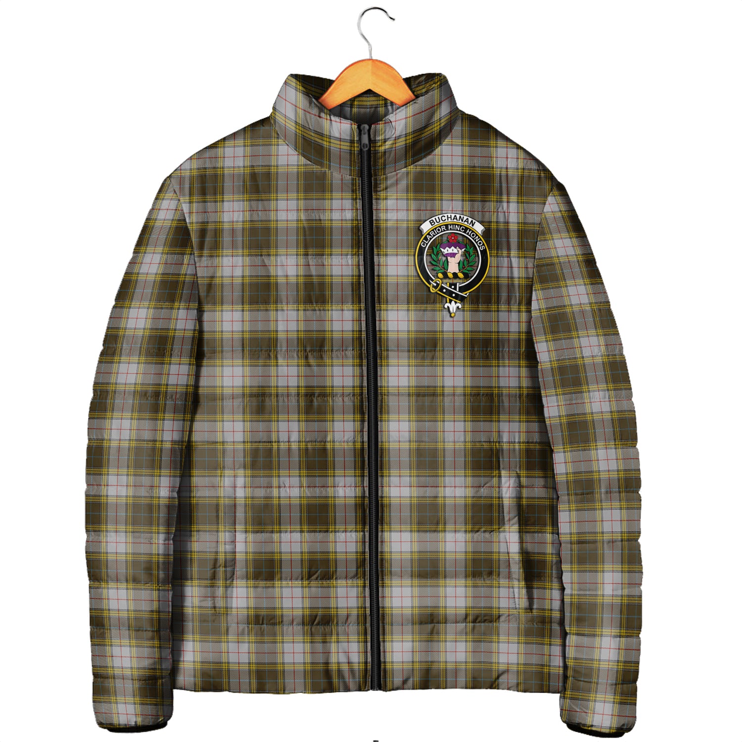 Buchanan Dress Tartan Padded Jacket with Family Crest Men's Padded Jacket - Tartan Vibes Clothing