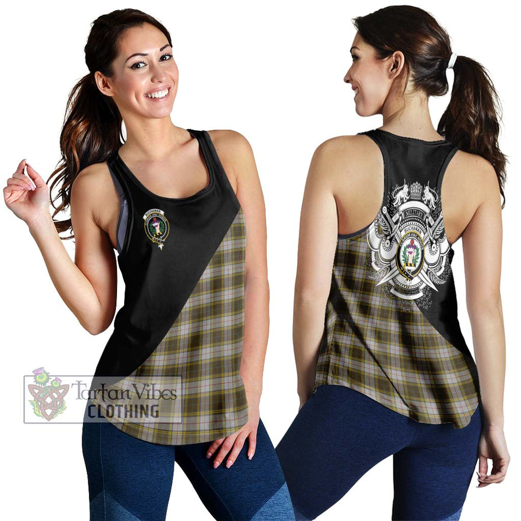 Buchanan Dress Tartan Women's Racerback Tanks with Family Crest and Military Logo Style 4XL - Tartanvibesclothing Shop