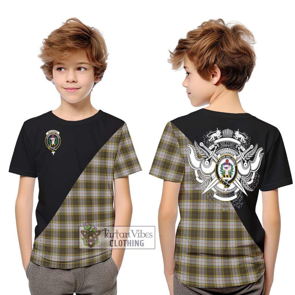 Buchanan Dress Tartan Kid T-Shirt with Family Crest and Military Logo Style Youth XL Size14 - Tartanvibesclothing Shop