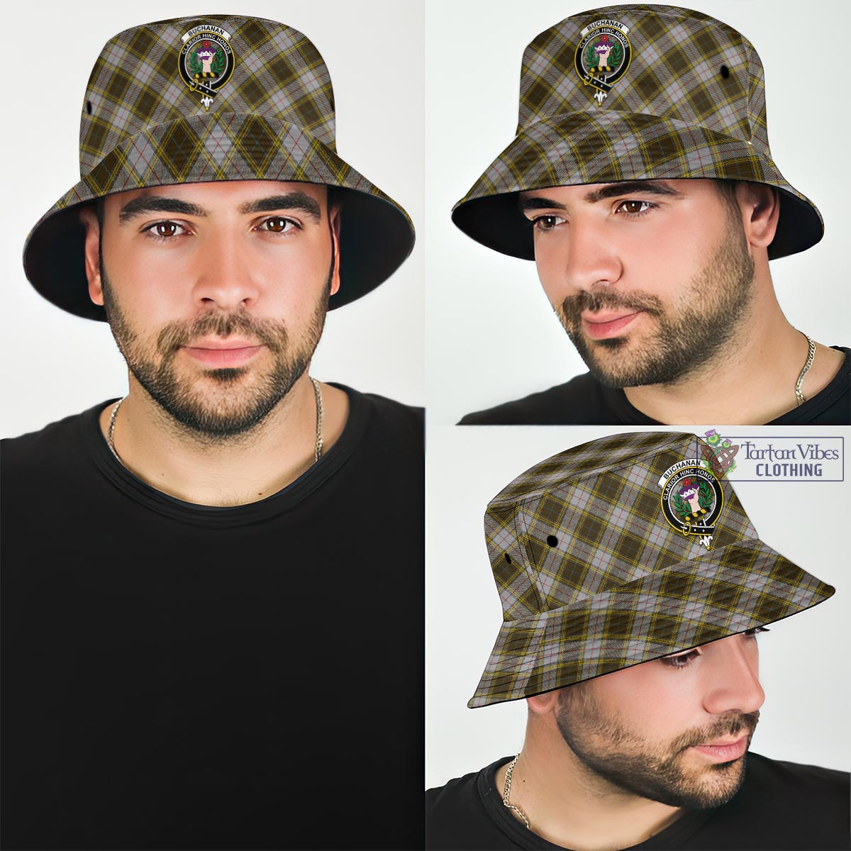 Tartan Vibes Clothing Buchanan Dress Tartan Bucket Hat with Family Crest