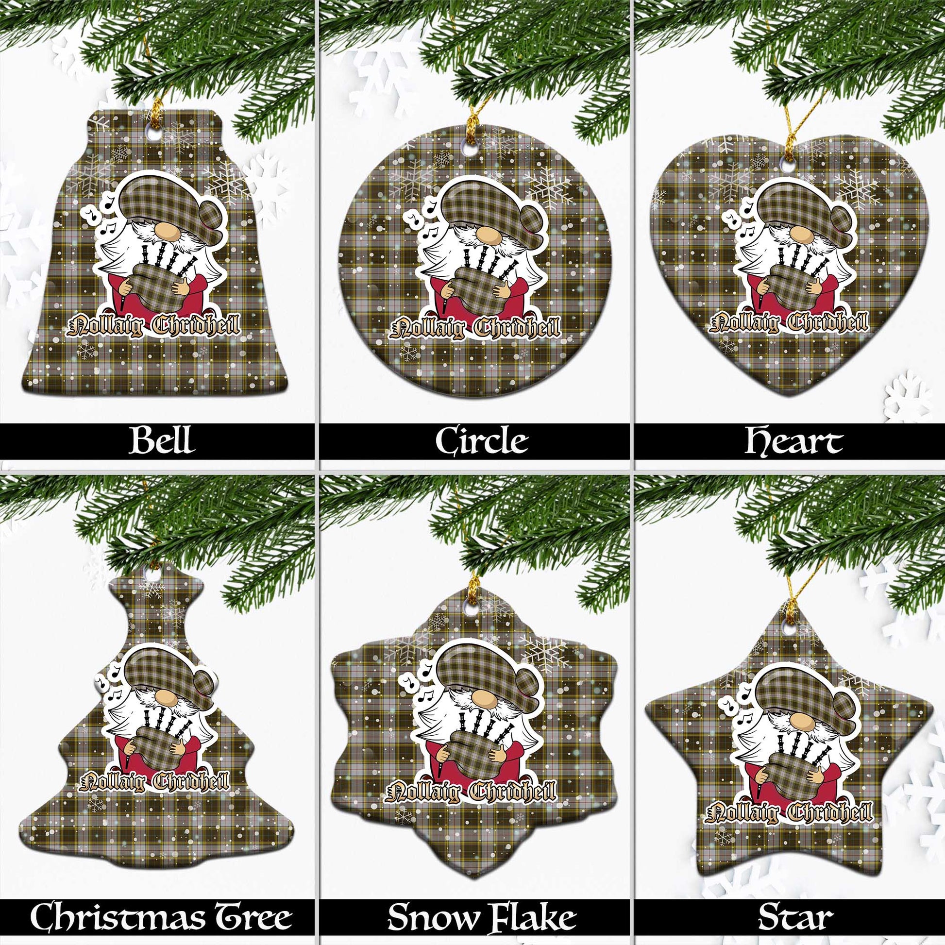 Buchanan Dress Tartan Christmas Ornaments with Scottish Gnome Playing Bagpipes Ceramic - Tartanvibesclothing