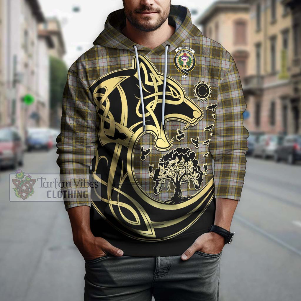 Buchanan Dress Tartan Hoodie with Family Crest Celtic Wolf Style Zip Hoodie - Tartan Vibes Clothing