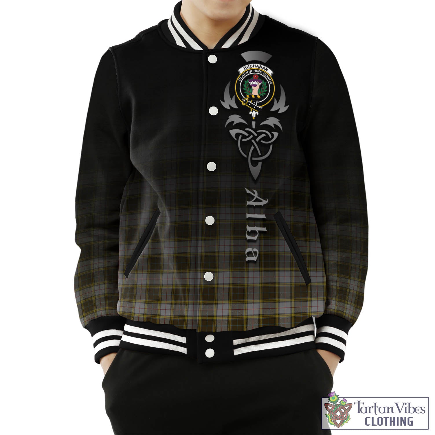 Tartan Vibes Clothing Buchanan Dress Tartan Baseball Jacket Featuring Alba Gu Brath Family Crest Celtic Inspired